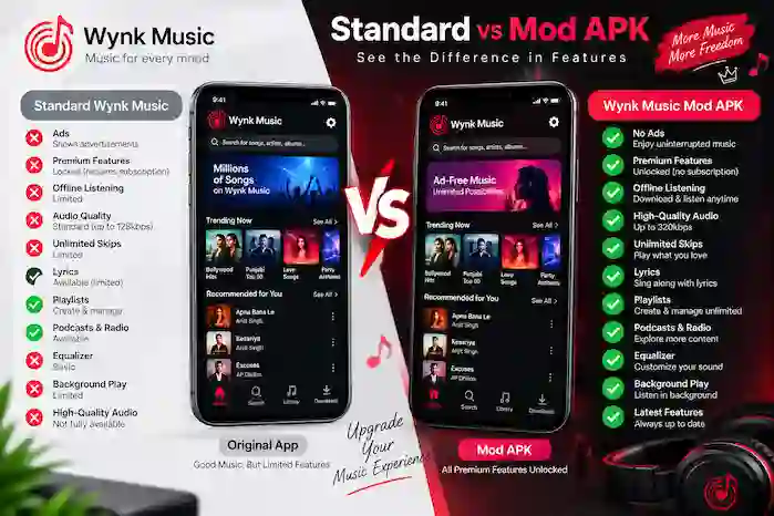 Wynk Music Mod APK Features vs Standard Wynk Music